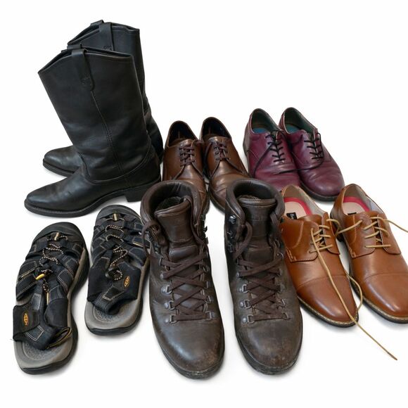 Lot of 6 Pairs Mens Shoes Boot 8.5 Hiking, Leather Work Boots, Dress, Sandals